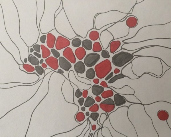 Abstract Design with Black and Red Shapes and Lines