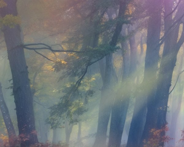 Serene forest scene with mist and autumn foliage