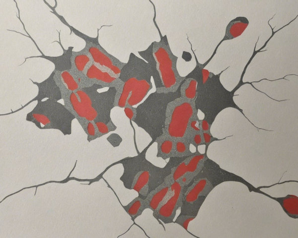 Abstract Artwork of Black Lines and Red Shapes