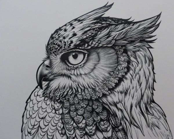 Intricate Black-and-White Illustration of an Owl