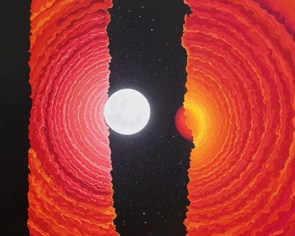 Cosmic Scene with Glowing Moon and Vibrant Colors