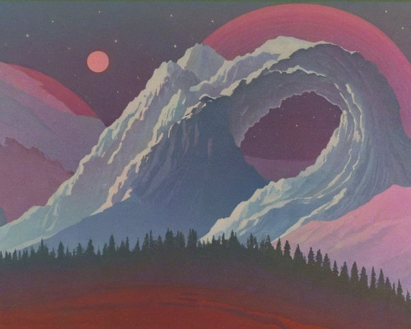 Surreal Landscape with Mountains and Celestial Bodies