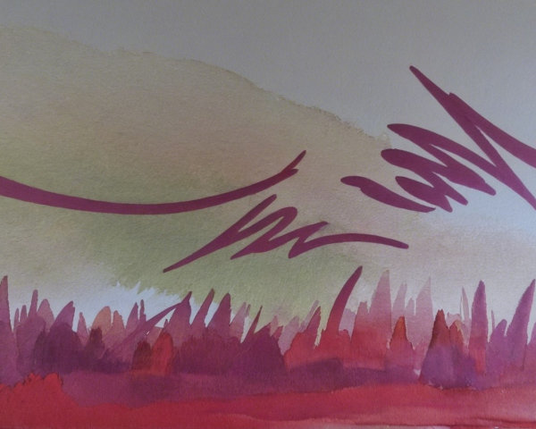 Abstract Landscape with Green, Pink, and Magenta Hues