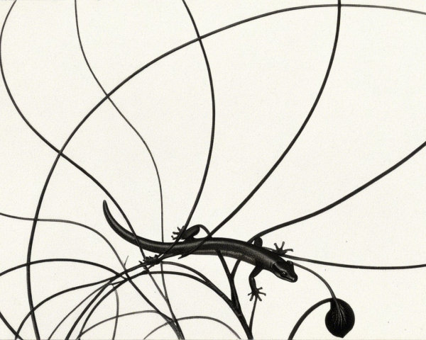 Stylized Black and White Lizard Illustration with Lines