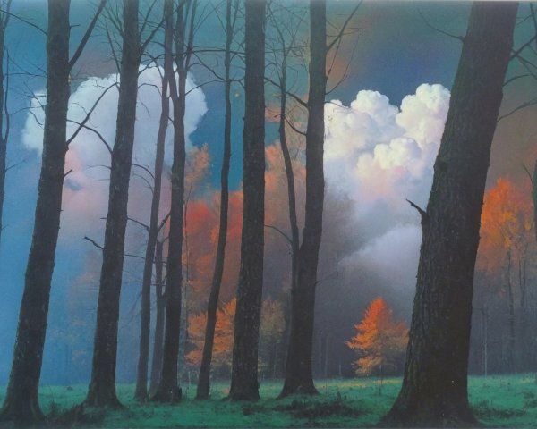 Tranquil Forest Scene at Dusk with Vibrant Sky