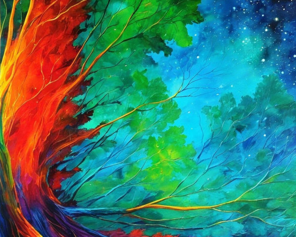 Vibrant Abstract Painting of a Colorful Tree Scene
