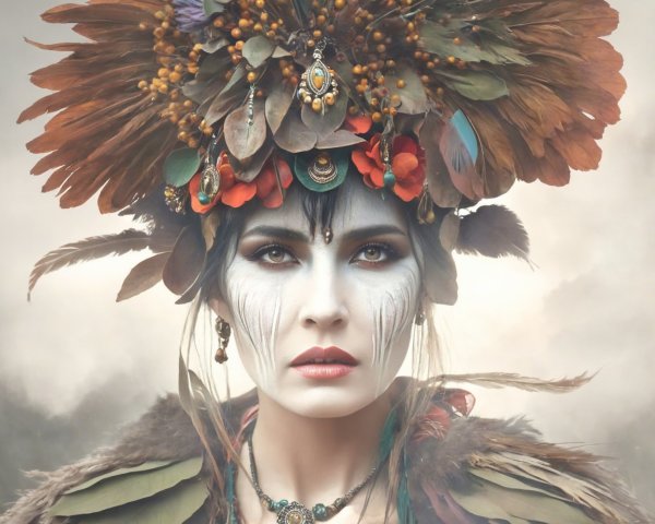 Portrait of a woman in an elaborate feather headdress