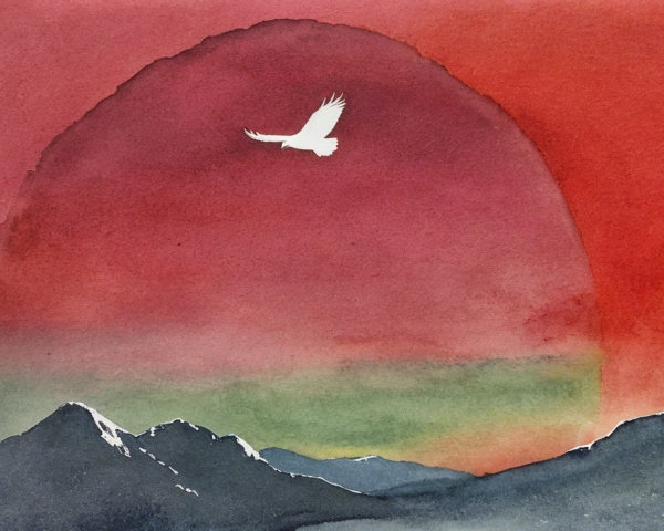 Watercolor Landscape of Mountains at Sunset