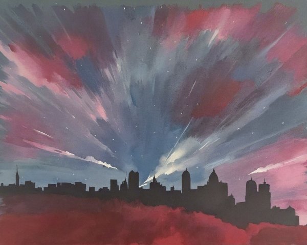Watercolor Painting of Dusk Skyline with Stars