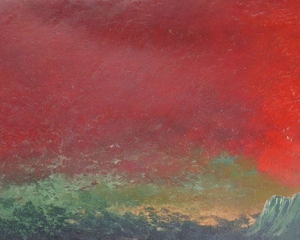 Abstract Landscape with Red Sky and Dark Green Hills