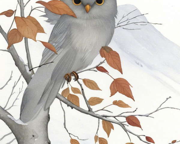 Whimsical Gray Owl on Autumn Branch with Mountains