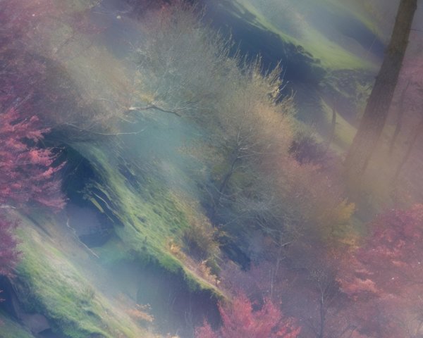 Dreamy Landscape with Mist and Vibrant Foliage