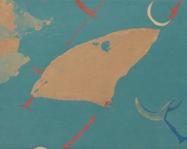 Abstract Fish Shape in Beige on Blue Background