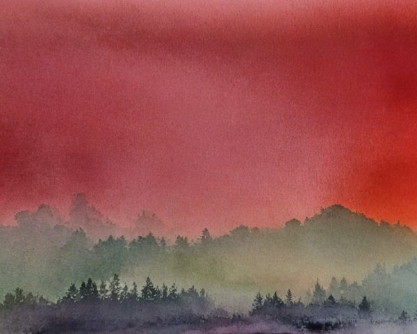 Serene Watercolor Landscape with Gentle Hills and Forests