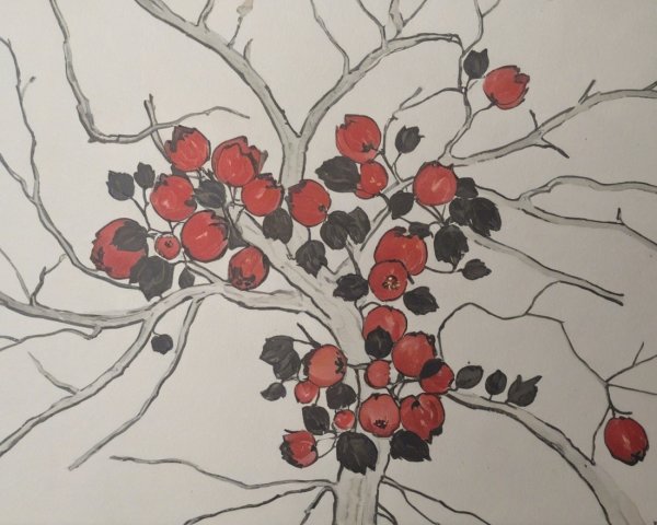 Illustration of a tree branch with red apples and leaves