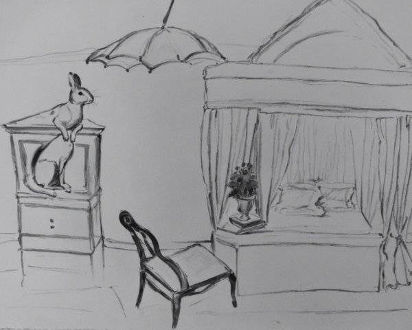 Whimsical Bedroom Scene with Canopied Bed and Rabbit