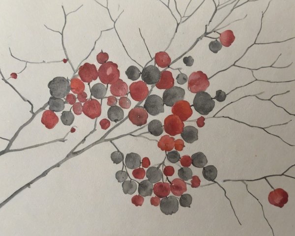 Watercolor Painting of Branch with Colorful Berries