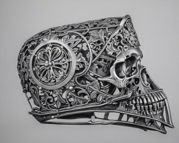 Ornate Skull-Shaped Metallic Object with Filigree Design