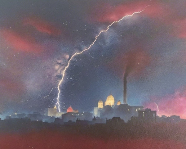 Twilight Skyline with Lightning and Urban Silhouettes