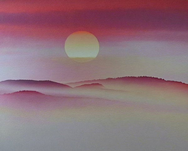 Serene Pastel Sunset Over Rolling Hills and Valleys