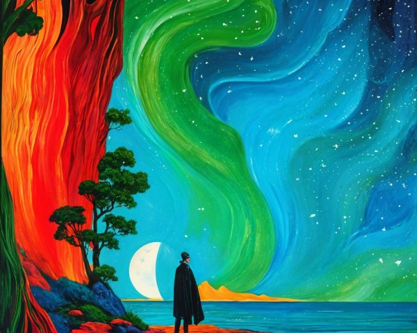 Vibrant Landscape with Towering Red Tree and Water