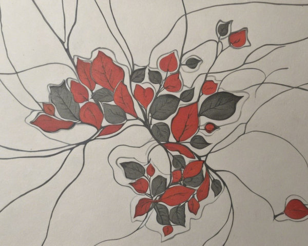 Stylized Red and Black Leaves with Abstract Lines