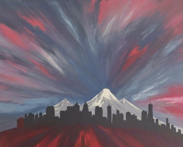 Dramatic City Skyline with Vibrant Swirling Sky