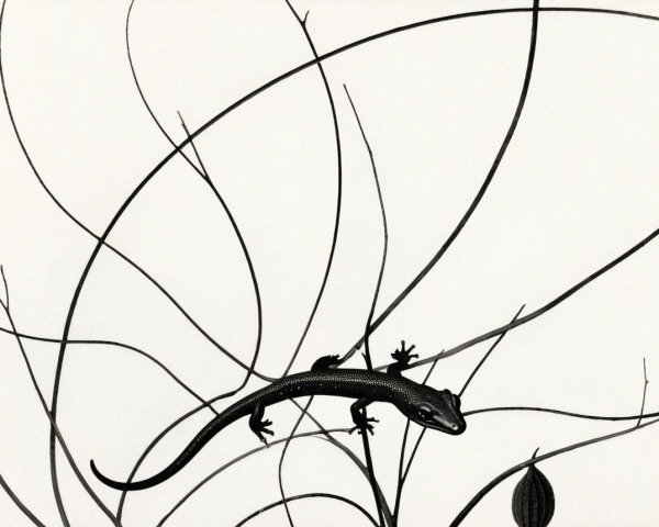 Black Lizard Silhouette Among Intricate Branches