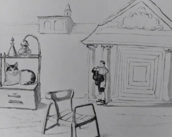 Whimsical Sketch of Cat and Boy in Historical Setting