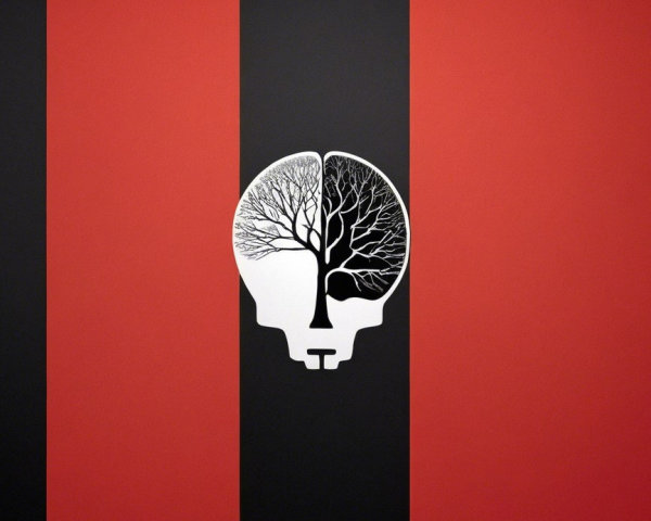 Bold Red and Black Striped Skull Design with Tree Duality