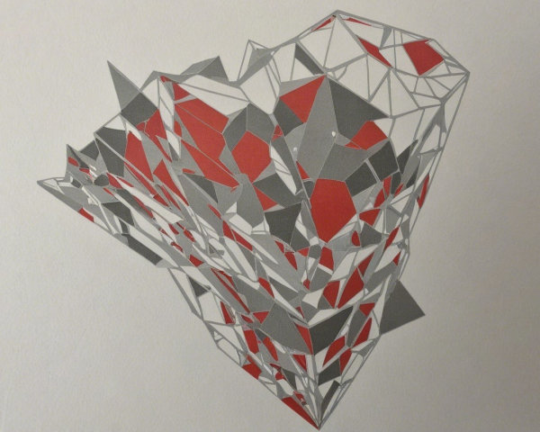 Geometric Artwork with Gray and Red Abstract Shapes