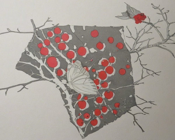 Gray Branches and Red Circles with White Butterfly