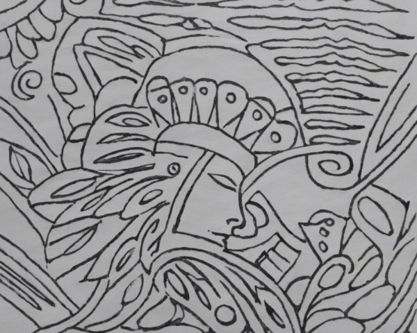 Intricate Line Drawing of a Stylized Warrior Figure