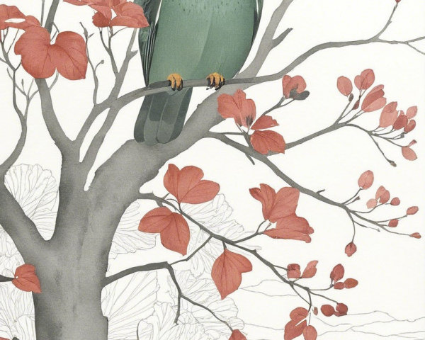 Stylized owl illustration with red leaves and gray trunk