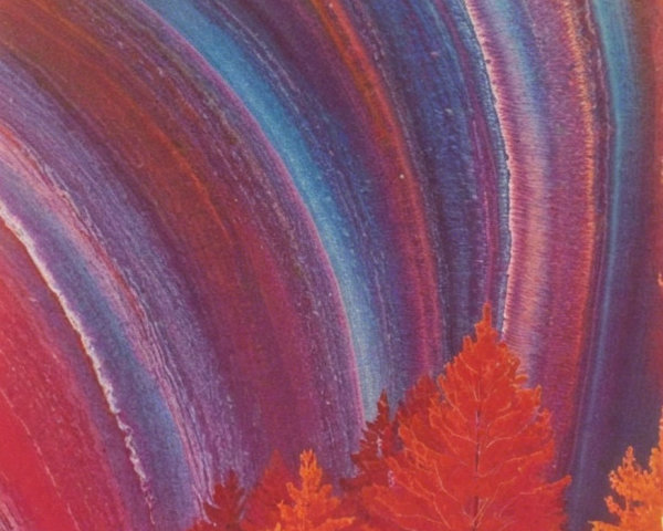 Vibrant Abstract Painting with Colorful Waves and Trees