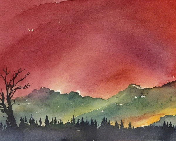 Watercolor Landscape of Sunset Over Mountain Range