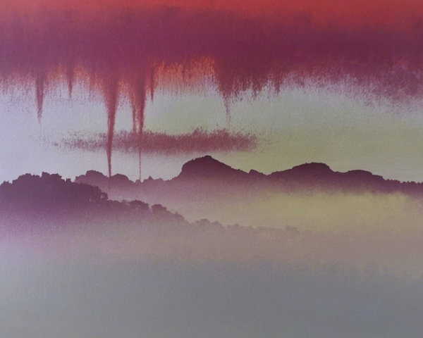 Layered Mountains and Misty Sky in Landscape Painting