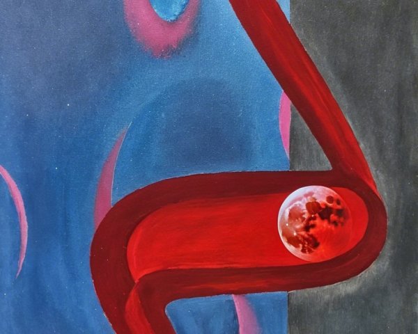Abstract Artwork with Red Curve and Translucent Sphere