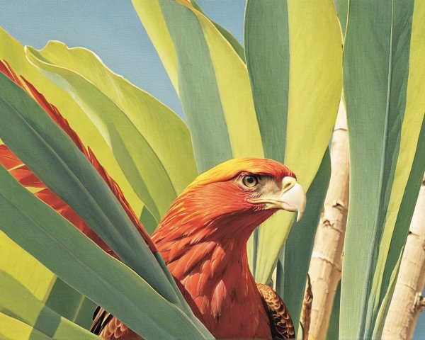 Vibrant Red Bird Amidst Lush Green Leaves