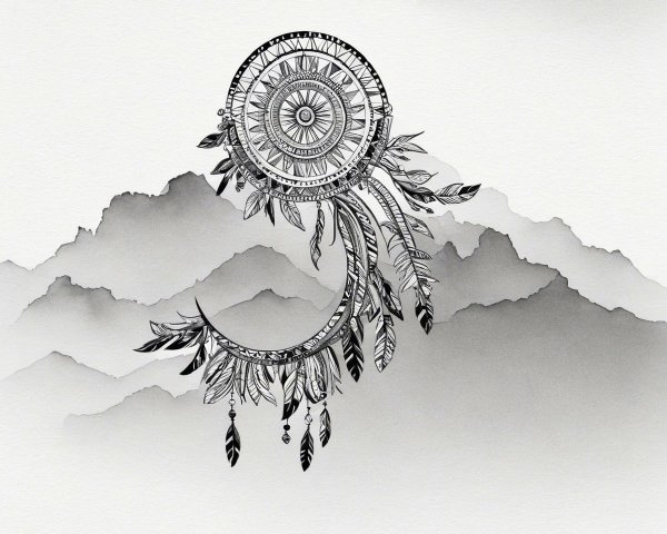 Intricate Black and White Dreamcatcher Line Drawing