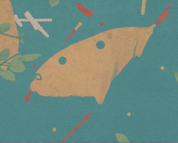 Vibrant abstract composition with fish and colorful elements