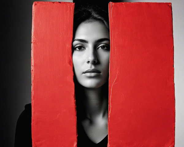 Black-and-white portrait of a woman with red panels