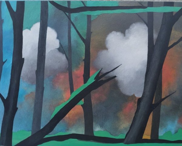 Stylized Forest Scene with Black Trees and Colorful Sky
