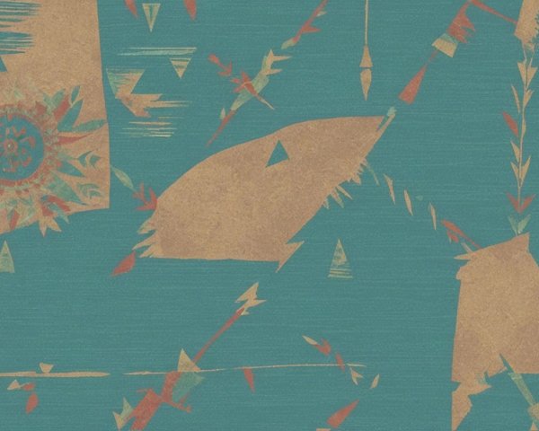 Teal Blue Fabric with Navajo Print and Abstract Shapes