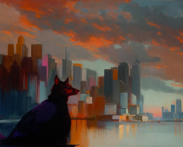 Dog Silhouette by Waterway with City Skyline at Sunset