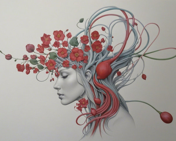 Surreal Portrait of Woman with Floral Hairstyle