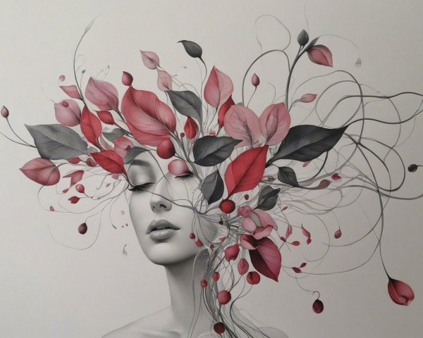 Stylized Female Figure with Botanical Elements in Art