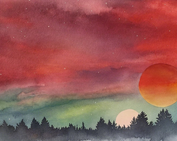 Vibrant Watercolor Landscape with Dramatic Sky and Suns