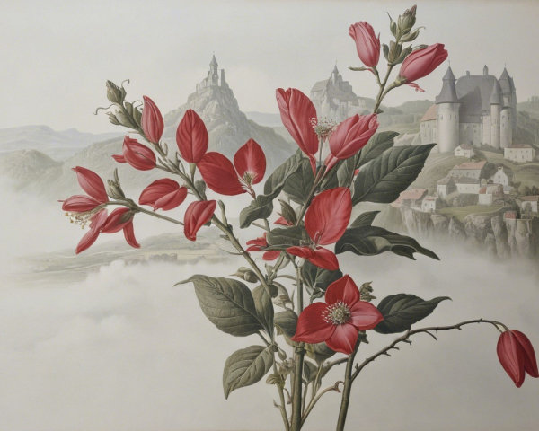 Vibrant Red Flowers with Distant Castles and Clouds
