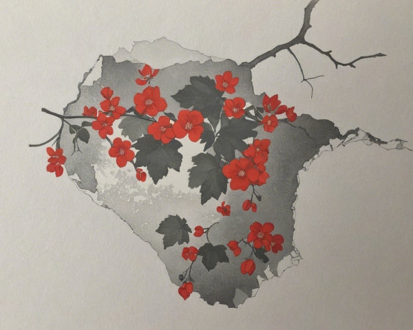 Vibrant Red Flowers Against Abstract Island Background